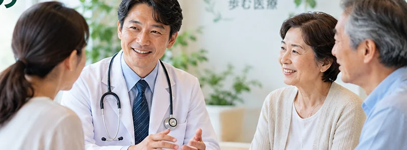 医師に相談する高齢の夫婦と家族のイメージ